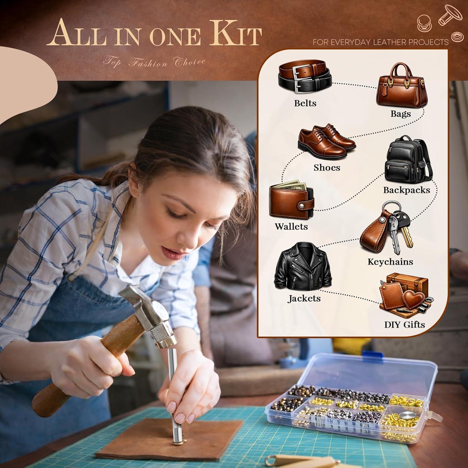 image:image240 Sets Leather Rivets Kit Double Cap Brass Rivets Leather Studs with 3PCS Setting Tools for Leather Repair and Crafts 4 Colors and 3 Sizes420 Pack