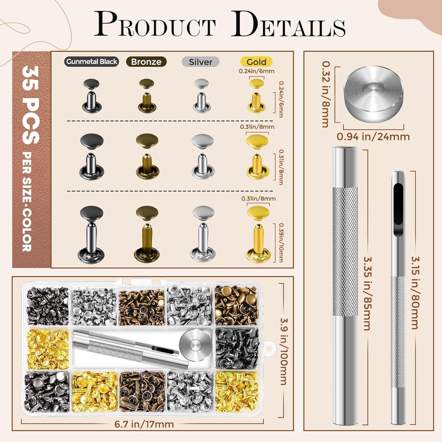 image:image240 Sets Leather Rivets Kit Double Cap Brass Rivets Leather Studs with 3PCS Setting Tools for Leather Repair and Crafts 4 Colors and 3 Sizes420 Pack