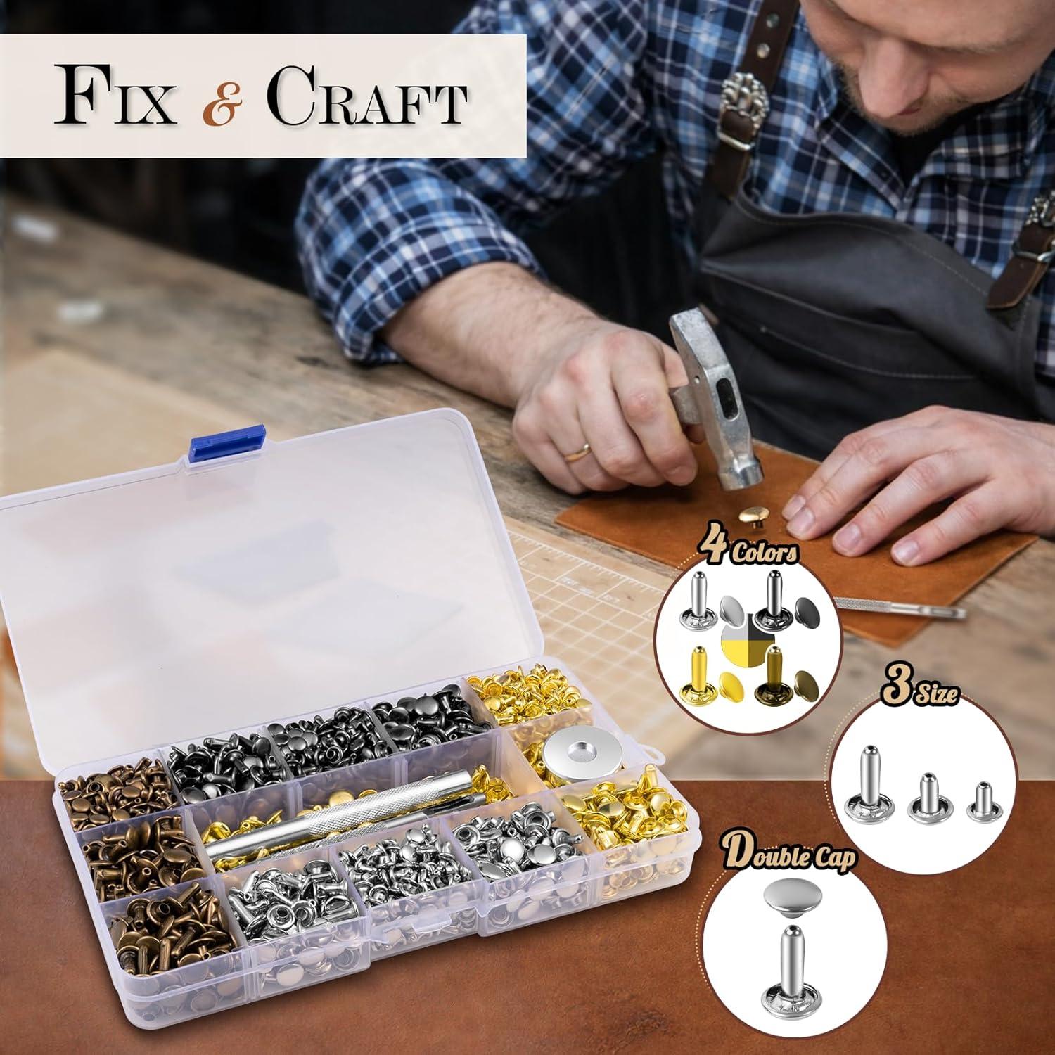image:image240 Sets Leather Rivets Kit Double Cap Brass Rivets Leather Studs with 3PCS Setting Tools for Leather Repair and Crafts 4 Colors and 3 Sizes480 Pack