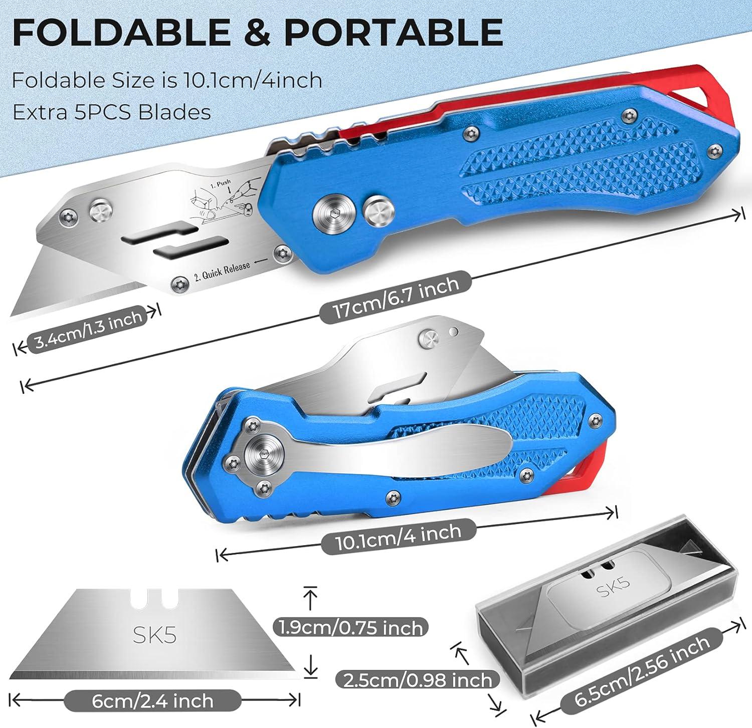 image:imageBox Cutter Utility Knife Lightweight Razor Knife Box Cutters with 5 SK5 Blades Folding Utility Knife Box Cutter Knife Quick Change Blades with Belt Clip and Back Lock Design