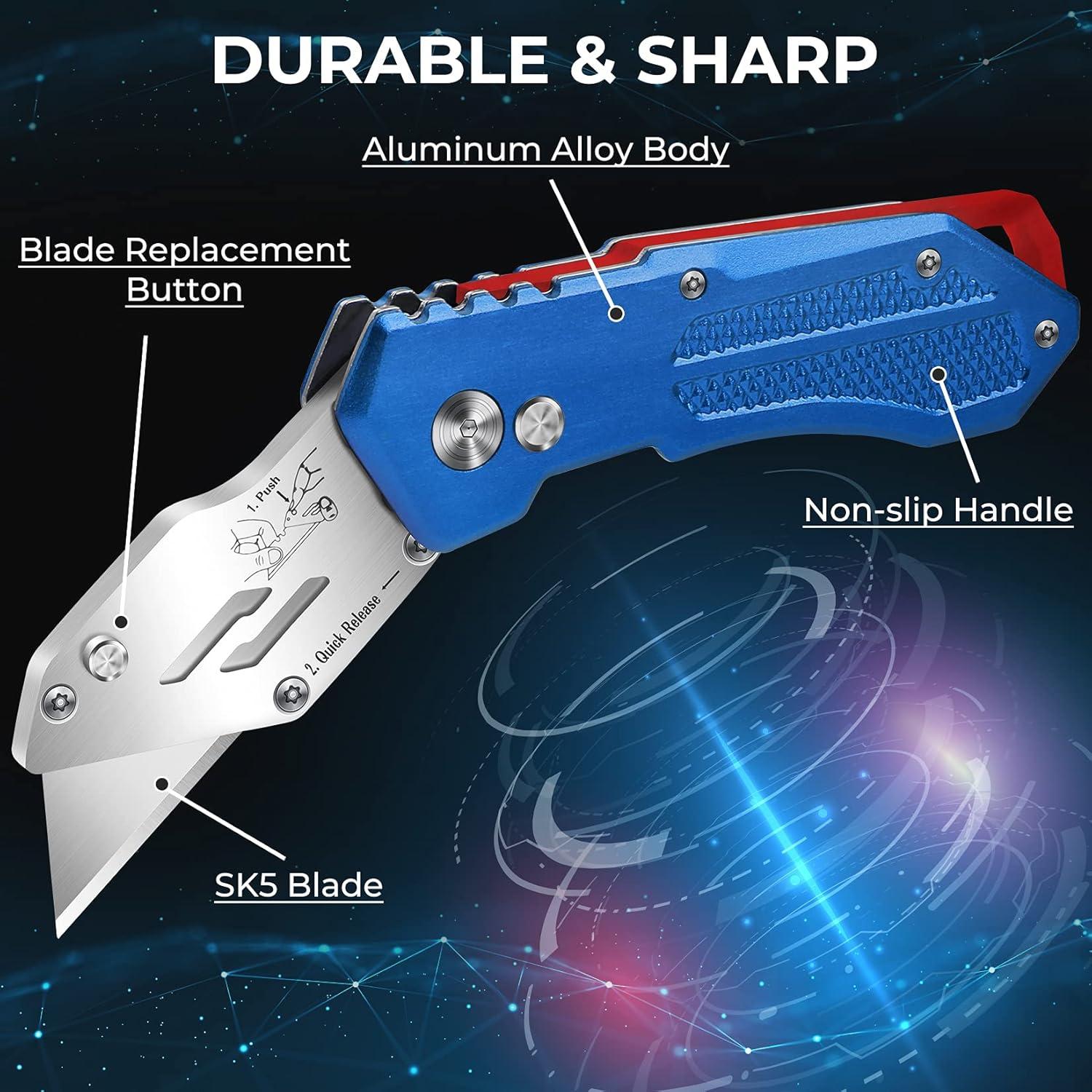 image:imageBox Cutter Utility Knife Lightweight Razor Knife Box Cutters with 5 SK5 Blades Folding Utility Knife Box Cutter Knife Quick Change Blades with Belt Clip and Back Lock Design