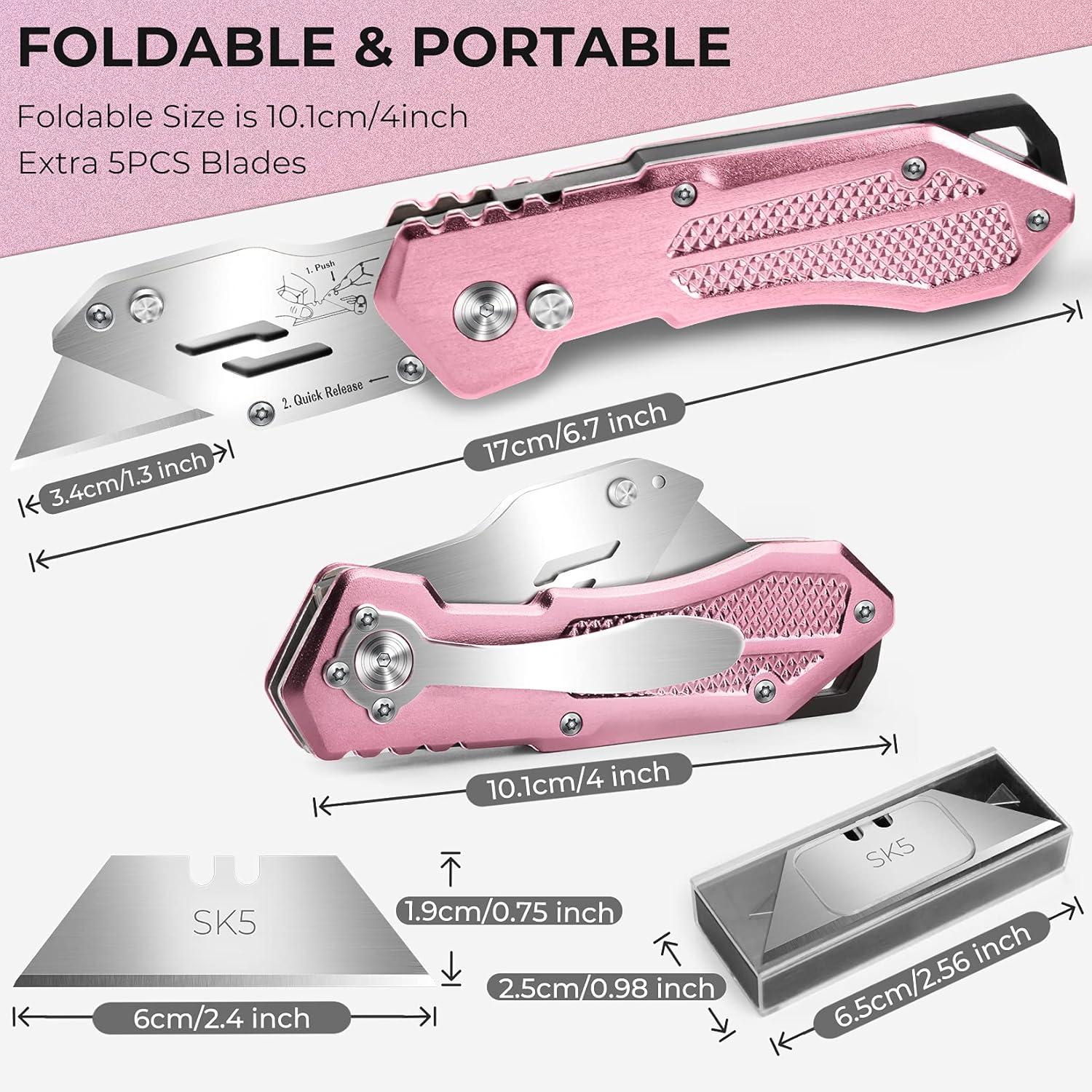 image:imageBox Cutter Utility Knife Pink Folding Utility Knife box cutters Sharp Razor Knife Box Cutter Knife with 5 SK5 Blades Portable Box Knife Box Opener for Box Carton Cardboard