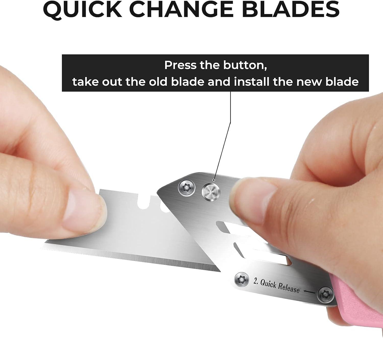 image:imageBox Cutter Utility Knife Pink Folding Utility Knife box cutters Sharp Razor Knife Box Cutter Knife with 5 SK5 Blades Portable Box Knife Box Opener for Box Carton Cardboard