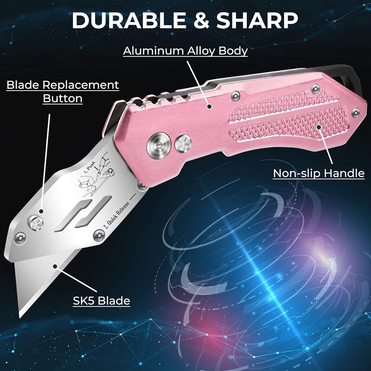 image:imageBox Cutter Utility Knife Pink Folding Utility Knife box cutters Sharp Razor Knife Box Cutter Knife with 5 SK5 Blades Portable Box Knife Box Opener for Box Carton Cardboard