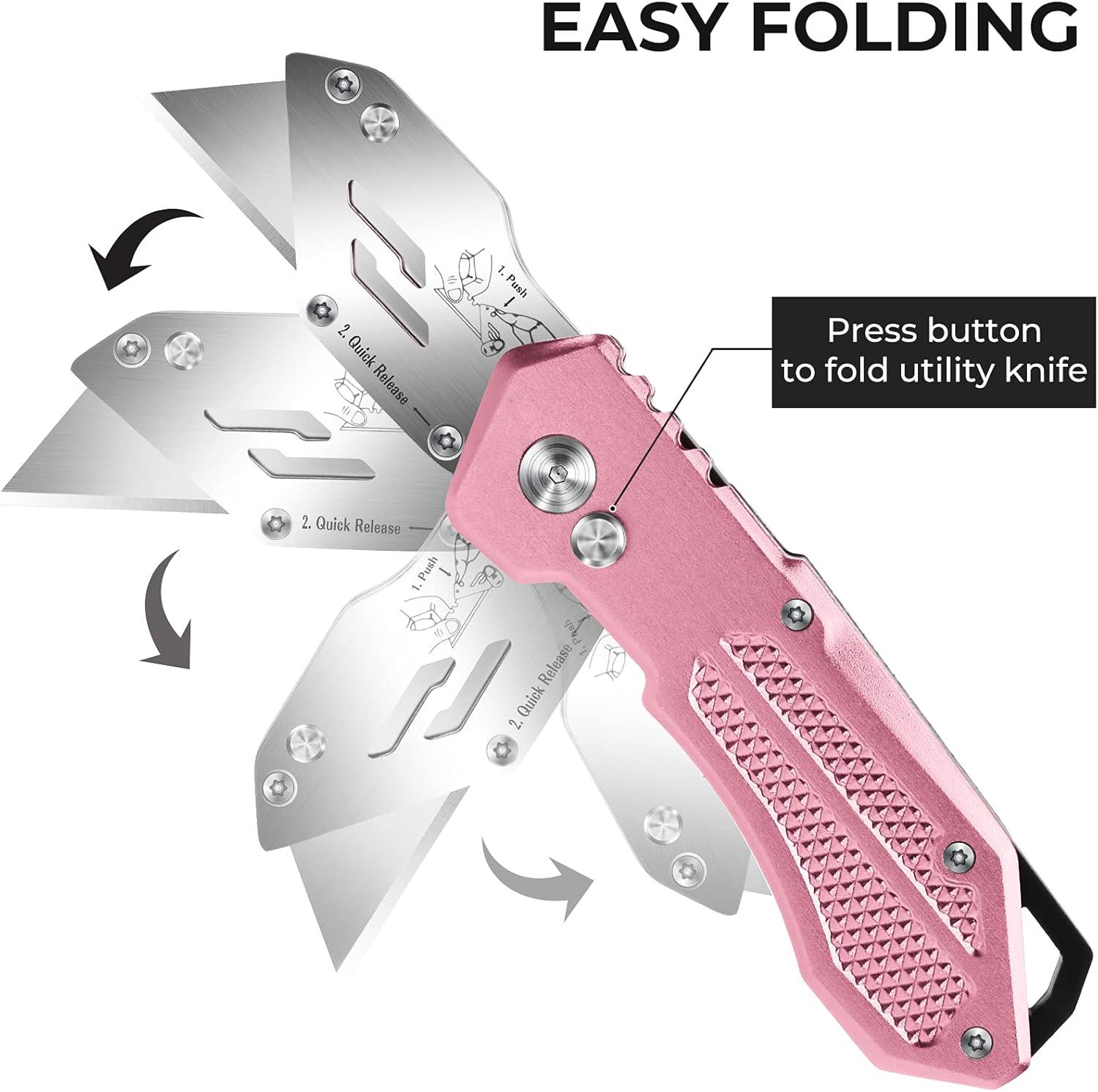 image:imageBox Cutter Utility Knife Pink Folding Utility Knife box cutters Sharp Razor Knife Box Cutter Knife with 5 SK5 Blades Portable Box Knife Box Opener for Box Carton Cardboard