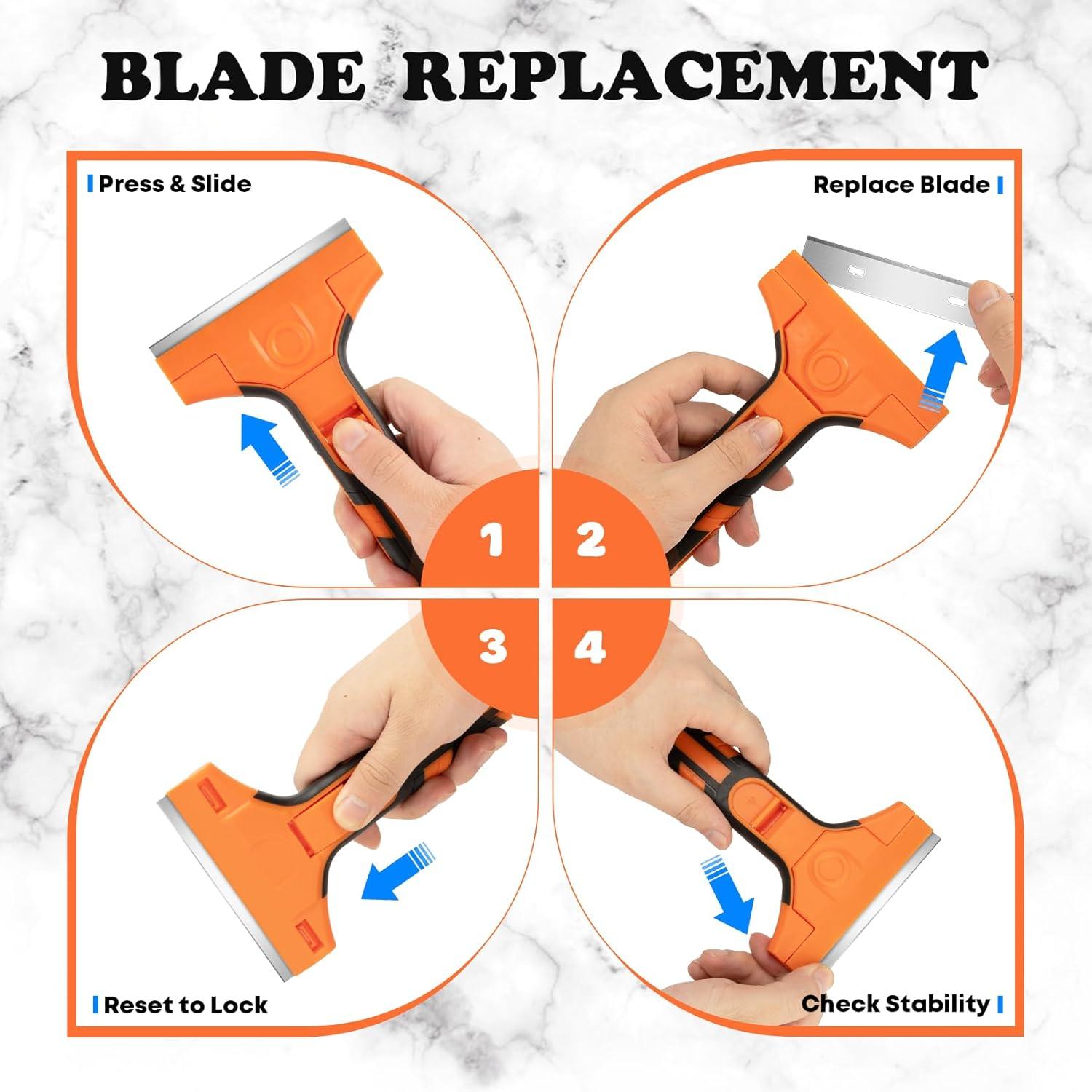 image:imageRazor Blade Scraper Scraper Tool with 15 PCS SK5 Steel Blades Razor Scraper Ergonomic Handle with Blade Storage Box Scraper for Cleaning Windows Glass Oven Stove Kitchen Floor PaintOrange