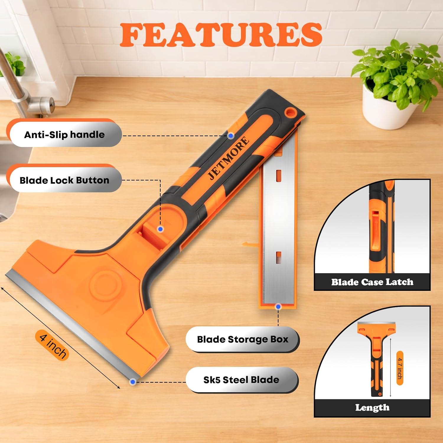 image:imageRazor Blade Scraper Scraper Tool with 15 PCS SK5 Steel Blades Razor Scraper Ergonomic Handle with Blade Storage Box Scraper for Cleaning Windows Glass Oven Stove Kitchen Floor PaintOrange