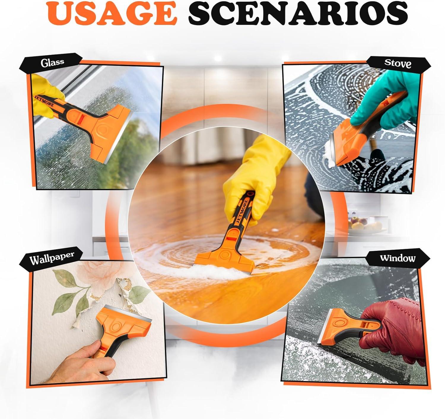 image:imageRazor Blade Scraper Scraper Tool with 15 PCS SK5 Steel Blades Razor Scraper Ergonomic Handle with Blade Storage Box Scraper for Cleaning Windows Glass Oven Stove Kitchen Floor PaintOrange