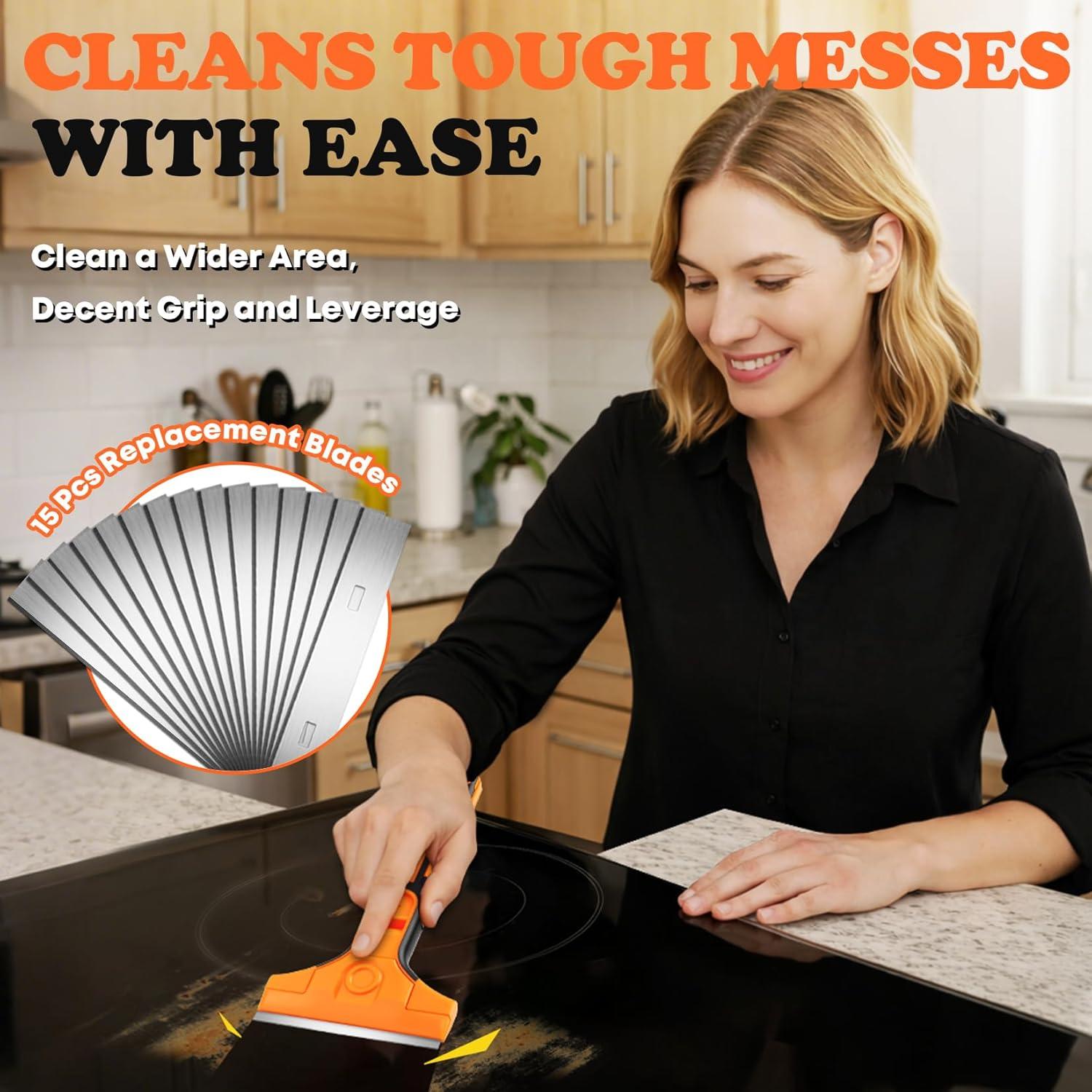 image:imageRazor Blade Scraper Scraper Tool with 15 PCS SK5 Steel Blades Razor Scraper Ergonomic Handle with Blade Storage Box Scraper for Cleaning Windows Glass Oven Stove Kitchen Floor PaintOrange