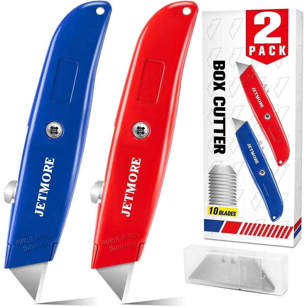 image:image2 Pack Box Cutter Retractable Utility Knife with 10 Extra Blades Heavy Duty Box Cutters All Metal Razor Knife Box Opener Box Knife for Cardboard Boxes Cartons Drywall Package Opener2 Pack Retractable Box Cutters Red Blue with 10 Pcs Blades