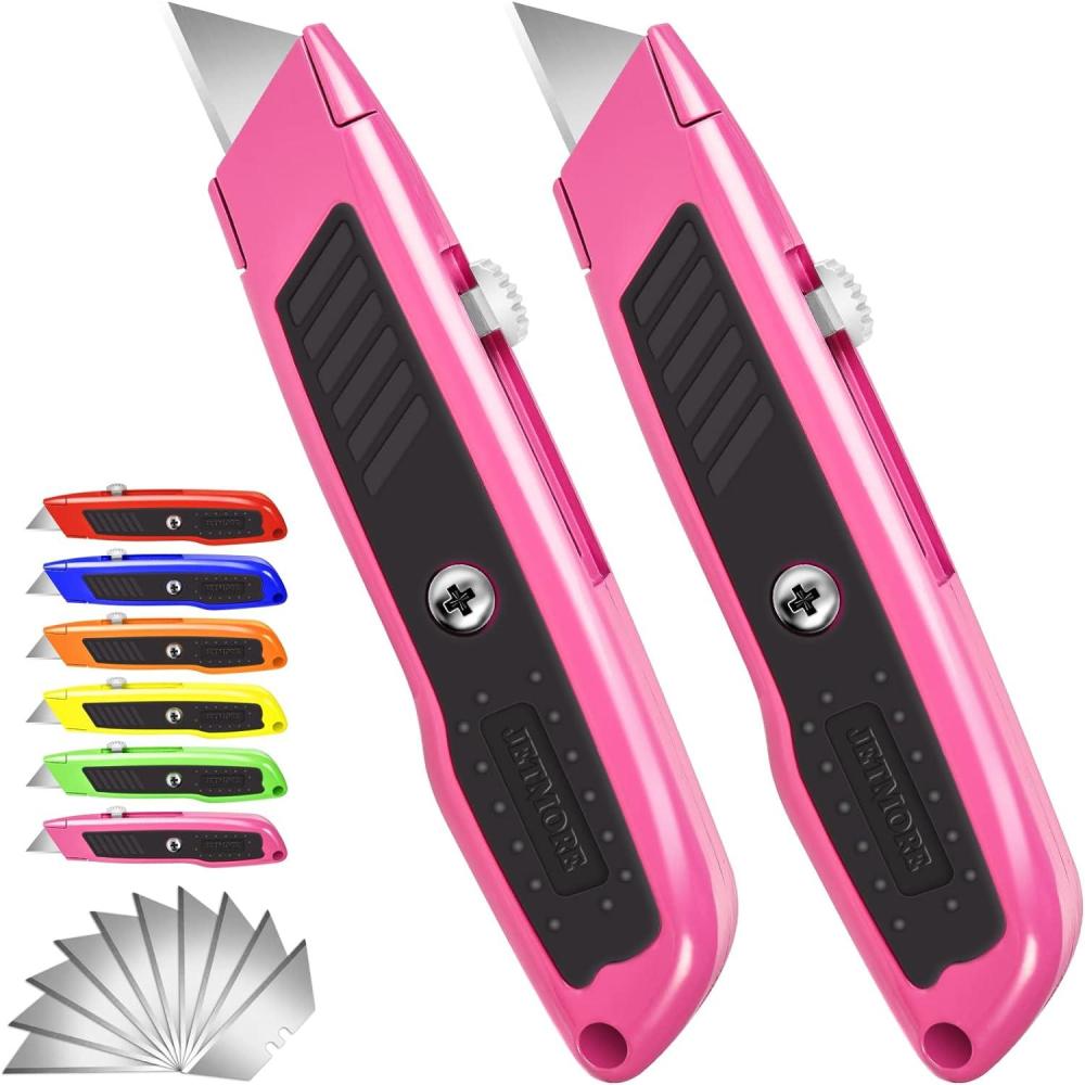 image:image2 Pack Box Cutter Utility Knife with Extra 10 SK5 Blades amp Antislip Rubber Handle Box Cutter Retractable Portable Box Opener Razor Knife for Home Office ConstructionPink