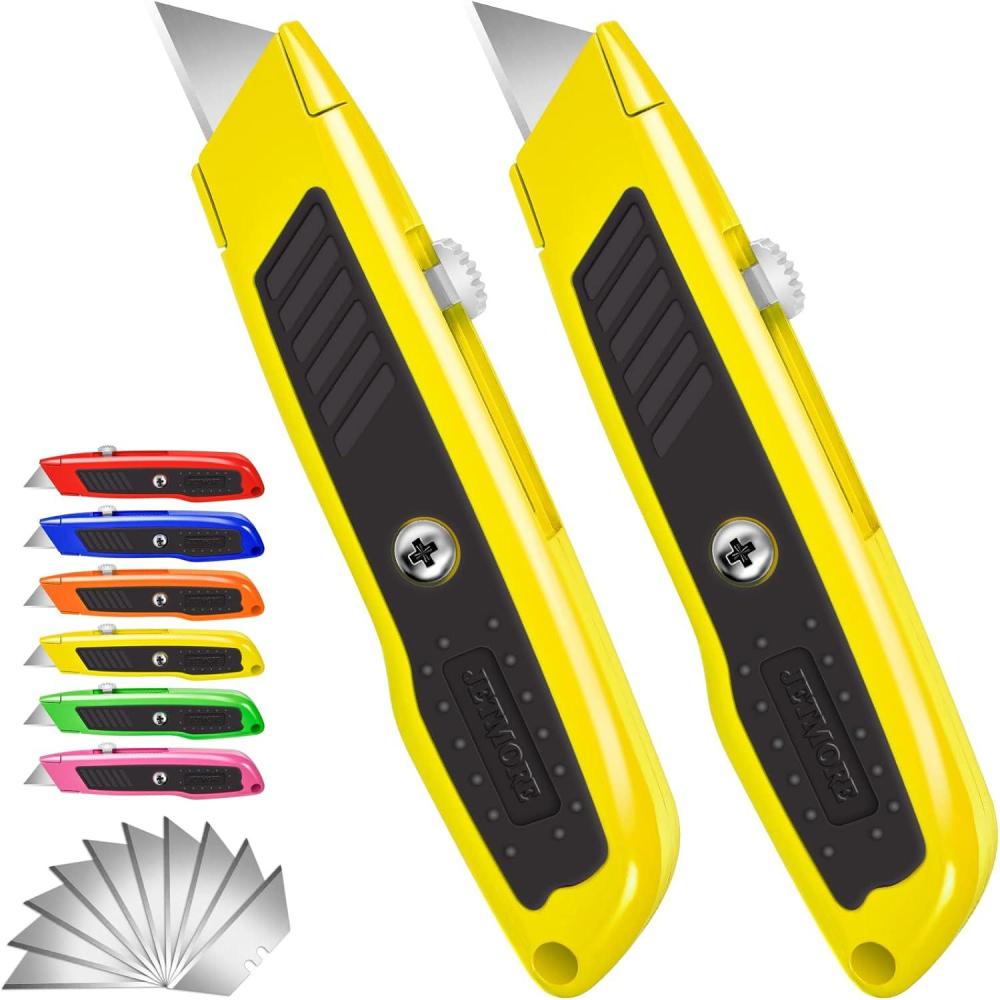 image:image2 Pack Box Cutter Utility Knife with Extra 10 SK5 Blades amp Antislip Rubber Handle Box Cutter Retractable Portable Box Opener Razor Knife for Home Office ConstructionYellow
