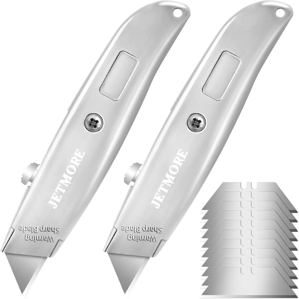 image:image2 Pack Heavy Duty Retractable Box Cutter With Extra 10 SK5 Blades Aluminum Shell Razor Knife for Boxes Cartons Cardboard