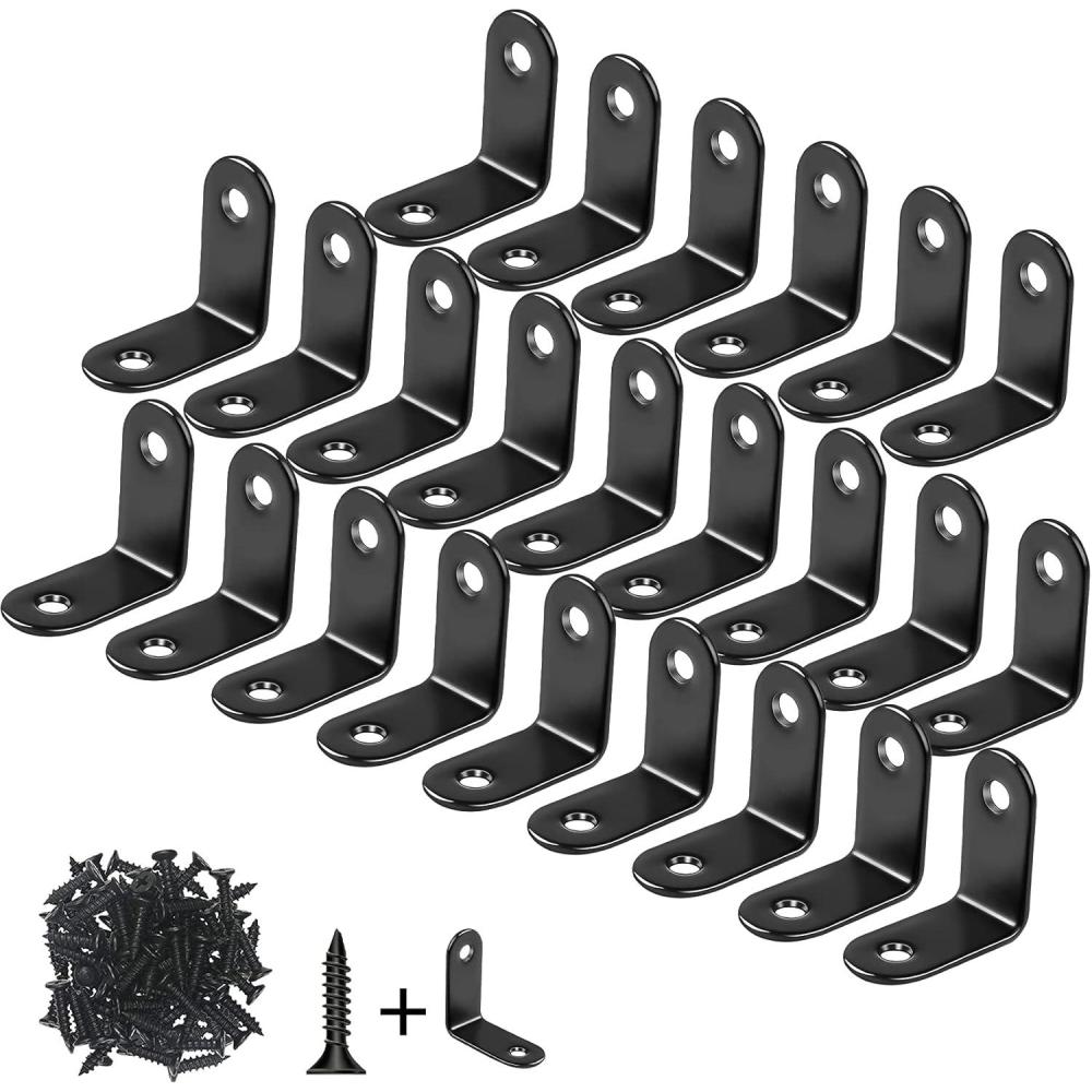 image:image24 Pack L Bracket Corner Brace Sets 098x098 Inch Black Stainless Steel 90 Degree Right Angle Brackets Fastener with Screws for Wood Shelves Furniture Cabinet