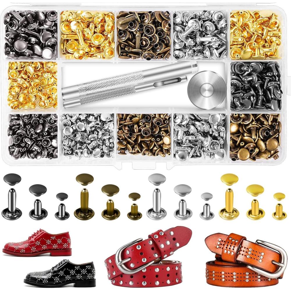 image:image240 Sets Leather Rivets Kit Double Cap Brass Rivets Leather Studs with 3PCS Setting Tools for Leather Repair and Crafts 4 Colors and 3 Sizes240 Pack
