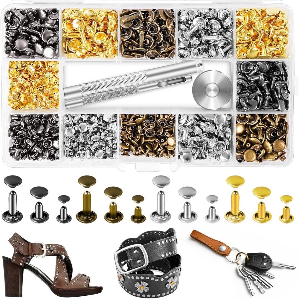 image:image240 Sets Leather Rivets Kit Double Cap Brass Rivets Leather Studs with 3PCS Setting Tools for Leather Repair and Crafts 4 Colors and 3 Sizes420 Pack