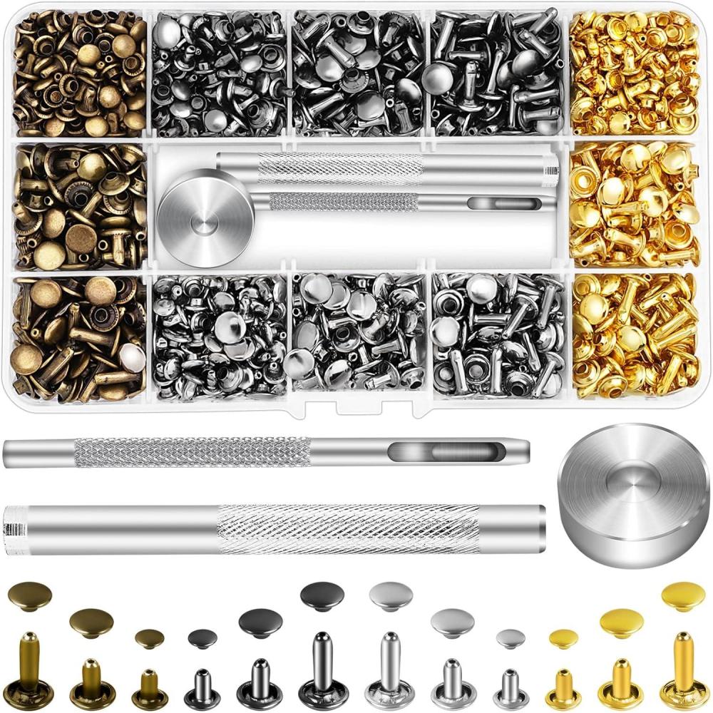 image:image240 Sets Leather Rivets Kit Double Cap Brass Rivets Leather Studs with 3PCS Setting Tools for Leather Repair and Crafts 4 Colors and 3 Sizes480 Pack