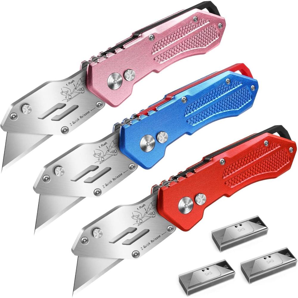 image:image3 Pack Box Cutter Utility Knife Folding Utility Knife Razor Knife Heavy Duty LockBack Design Aluminum Body Box Cutters with Extra 15 PCS Box Cutters Blades