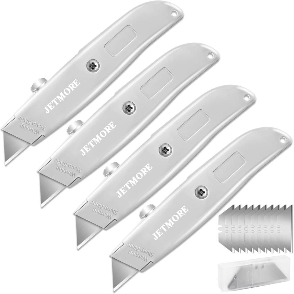 image:image4 Pack Heavy Duty Utility Knife Retractable Box Cutter with 10 SK5 Blades Aluminum Shell Box Knife for Home Office and School
