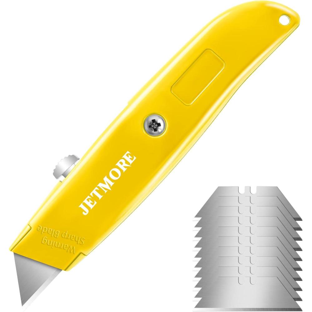 image:imageAluminum Box Cutter Heavy Duty Razor Knife with Retractable Blade Sharp Yellow Box Knife Opener with Extra 10 SK5 Blades