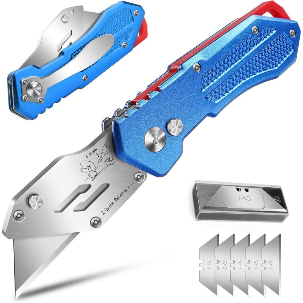 image:imageBox Cutter Utility Knife Lightweight Razor Knife Box Cutters with 5 SK5 Blades Folding Utility Knife Box Cutter Knife Quick Change Blades with Belt Clip and Back Lock Design