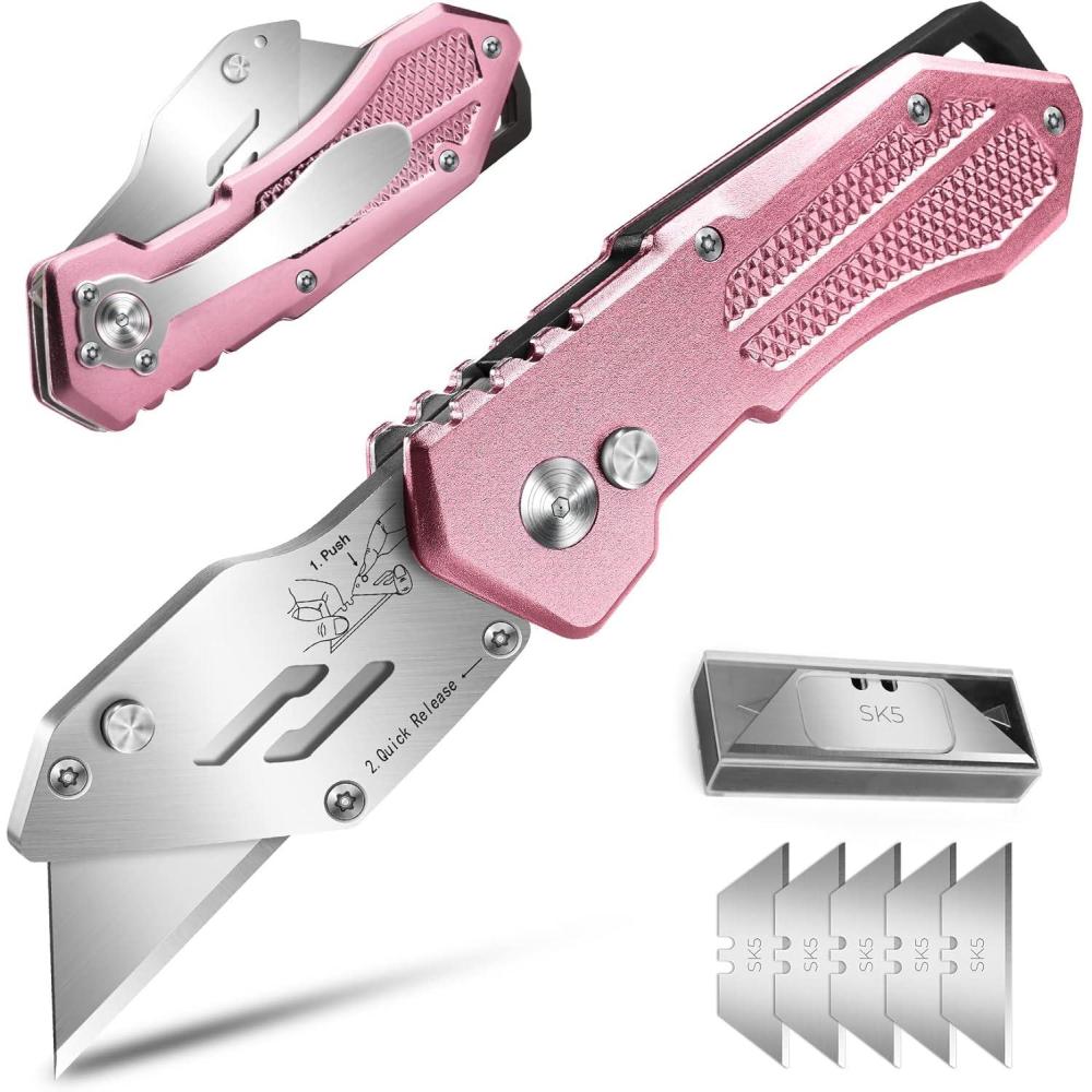 image:imageBox Cutter Utility Knife Pink Folding Utility Knife box cutters Sharp Razor Knife Box Cutter Knife with 5 SK5 Blades Portable Box Knife Box Opener for Box Carton Cardboard