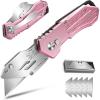 image:imageBox Cutter Utility Knife Pink Folding Utility Knife box cutters Sharp Razor Knife Box Cutter Knife with 5 SK5 Blades Portable Box Knife Box Opener for Box Carton Cardboard
