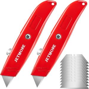 2 Pack Box Cutter, Retractable Heavy Duty Razor Knife, with Extra 10 SK5 Sharp Blades, Portable Aluminum Shell Box Knife