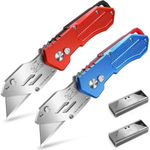 2 Pack Box Cutter Utility Knife, Folding Utility Knife Razor Knife Lock-Back Design, Aluminum Body Box Cutter Knife with Extra 10 PCS Box Cutters Blades