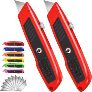 2 Pack Box Cutter Utility Knife with Extra 10 SK5 Blades & Anti-slip Rubber Handle, Box Cutter Retractable, Portable Box Opener Razor Knife for Home Office Construction(Red)