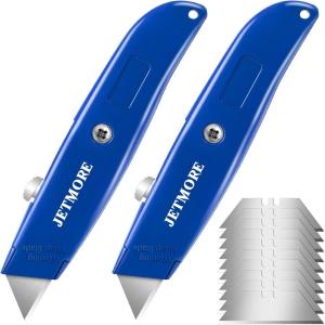 2 Pack Box Cutter with 10 SK5 Blades, Aluminum Shell Utility Knife Razor Knife, Retractable, Heavy Duty Box Cutter for Home, Office and School