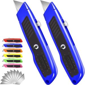 2 Pack Retractable Box Cutter, Heavy Duty Utility Knife with 10 SK5 Blades and Safety Lock, Portable Razor Knife for Home and Office(Blue)