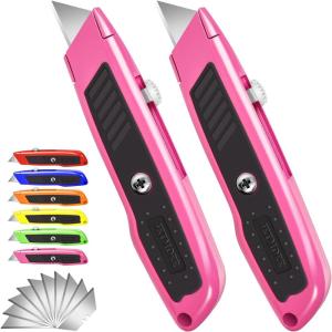 2 Pack Retractable Box Cutter, Heavy Duty Utility Knife with 10 SK5 Blades and Safety Lock, Portable Razor Knife for Home and Office(Pink)