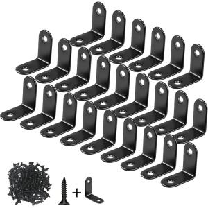 24 Pack L Bracket Corner Brace Sets, 0.98×0.98 Inch Black Stainless Steel 90 Degree Right Angle Brackets Fastener with Screws for Wood, Shelves, Furniture, Cabinet