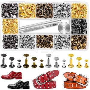 240 Sets Leather Rivets Kit, Double Cap Brass Rivets Leather Studs with 3PCS Setting Tools for Leather Repair and Crafts, 4 Colors and 3 Sizes(240 Pack)