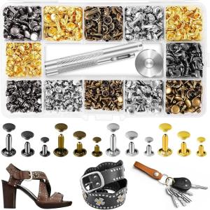 240 Sets Leather Rivets Kit, Double Cap Brass Rivets Leather Studs with 3PCS Setting Tools for Leather Repair and Crafts, 4 Colors and 3 Sizes(420 Pack)