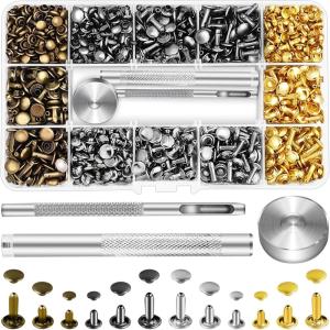 240 Sets Leather Rivets Kit, Double Cap Brass Rivets Leather Studs with 3PCS Setting Tools for Leather Repair and Crafts, 4 Colors and 3 Sizes(480 Pack)