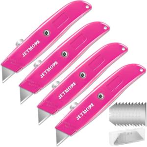 4 Pack Box Cutter, Aluminum Shell Utility Knife Razor Knife Box Cutters, with 10 SK5 Blades, Box Cutter Retractable, Heavy Duty Box Cutter Knife Box Knife for Boxes, Cartons and Rope
