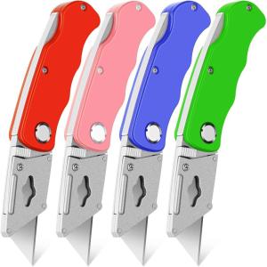 4 Pack Folding Utility Knife Box Cutter Tube Cutters with Extra 10Pcs Blades Cutters for Home Office Warehouse Durable Razor Knife Box Knife Box Opener Box Cutter with Clip Navajas de Trabajo(4 Pack-B)
