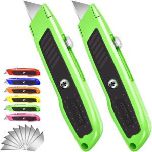 Box Cutter, 2 Pack Pink Utility Knife, Durable Razor Knife, Box Opener with 10 SK5 Blades, Exacto Knife, Cardboard Cutter, Box Cutter Retractable, Perfect Package Opener for Home, Office(Green)