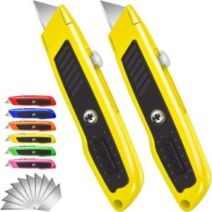 Box Cutter, 2 Pack Pink Utility Knife, Durable Razor Knife, Box Opener with 10 SK5 Blades, Exacto Knife, Cardboard Cutter, Box Cutter Retractable, Perfect Package Opener for Home, Office(Yellow)