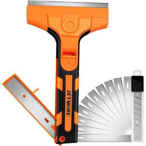 Razor Blade Scraper, Scraper Tool with 15 PCS SK5 Steel Blades, Razor Scraper, Ergonomic Handle with Blade Storage Box, Scraper for Cleaning Windows, Glass, Oven, Stove, Kitchen, Floor, Paint(Orange)